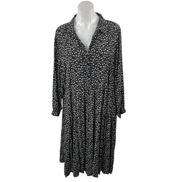 MONKL Black White Floral Long Sleeve Collared Pleated Midi Swing Dress Size XL - Picture 1 of 5